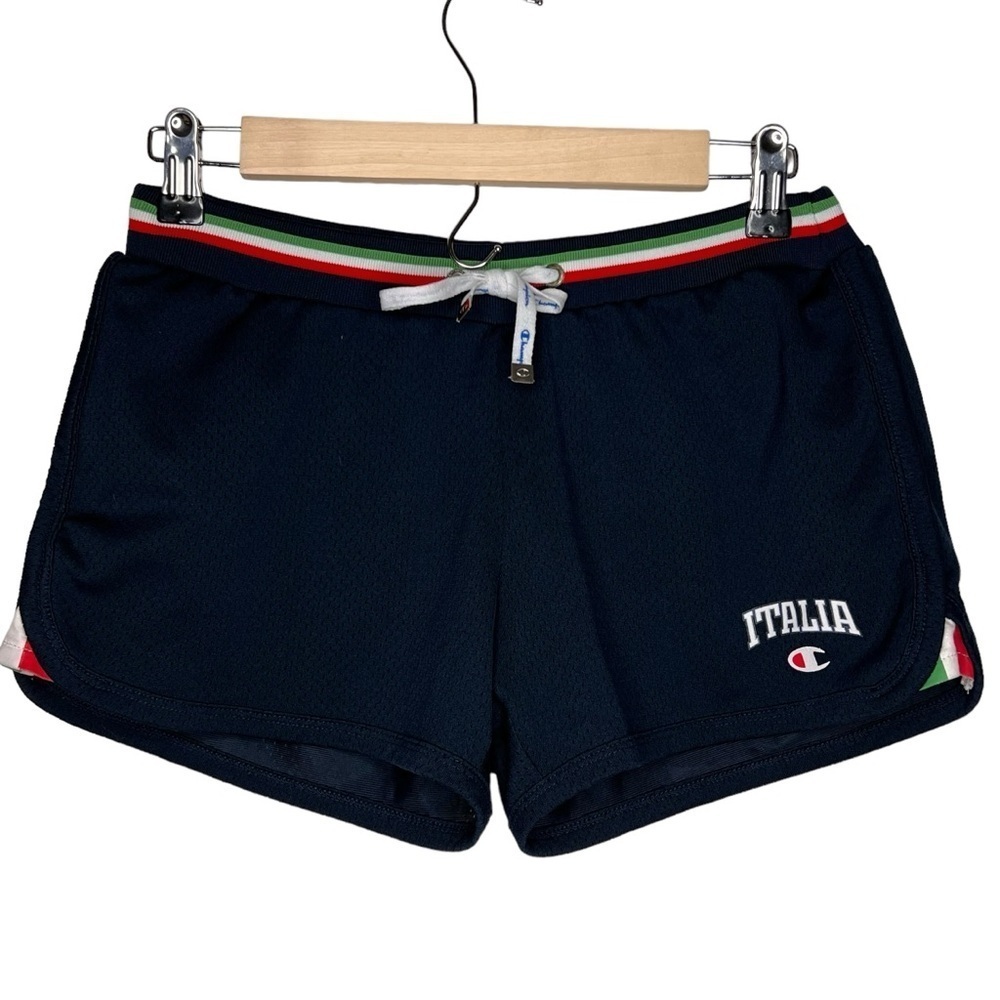 Y2K Champion Women's Heritage Fit Mesh Navy Blue Shorts Size M Italia Stripes
